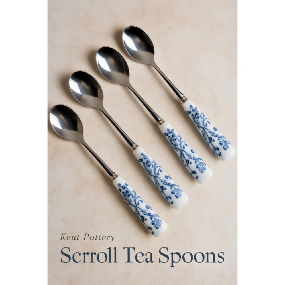 Kent Pottery Scroll Tea Spoons – Blue & White Ceramic Collectible Set of 4